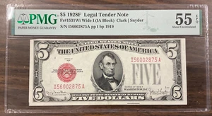 1928F $5 US note, Legal Tender Note Wide I  PMG Graded AU 55. - Picture 1 of 2