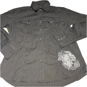 Camicia nera a righe 7 diamanti con rose argento e perle nere a scatto uomo XL - Foto 1 di 14