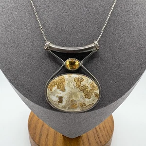 Vintage Sajen 925 Sterling Silver Necklace Large Agate Pendant Citrine Box Chain - Picture 1 of 11