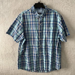 Izod Mens Button Shirt Blue Plaid 2XL Cotton Short Sleeve Collar Pocket - Picture 1 of 7
