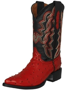Mens Red Rodeo Cowboy Boots Ostrich Print Leather Western Ranch Wear J Toe - Picture 1 of 5