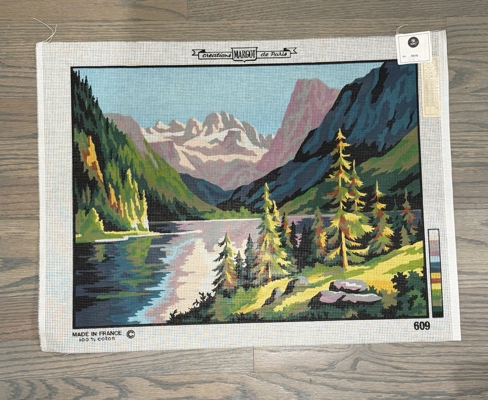 Vintage MARGOT De Paris Needlepoint Canvas Lac de Montagne d'apres Noel UNWORKED - Image 1 of 4
