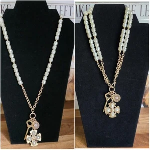 Chico's Double Strand Faux Pearl Gold Tone Charms Necklace NWT - Picture 1 of 9