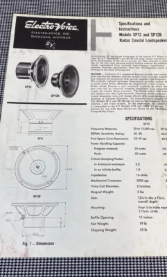 ALTAVOCES ELECTROVOICE SP12 SP12B ORIGINALES HOJA DE ESPECIFICACIONES M108ay Foto 1 de 2