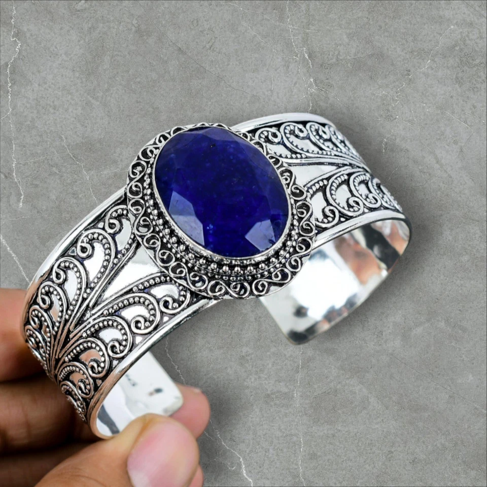 Brazalete brazalete joyería plata esterlina 925 hecho a mano con piedras preciosas de zafiro azul Foto 1 de 1