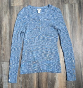 SUNDANCE Create Beauty Henley Knit Top Sweater Blue Ribbed Space Dyed Size Large - Foto 1 di 6