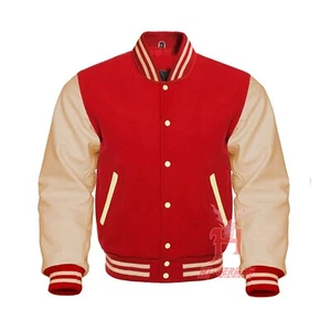 Varsity Letterman Baseball Bomber Red Wool Genuine Cream Leather Sleeves Jackets - Bild 1 von 6