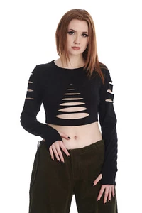 Womens Plain Black Gothic Rockabilly Slashed Cropped Chantrea Top BANNED Apparel - Picture 1 of 4