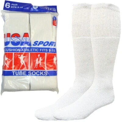 6 Paris Men's White Cotton Athletic Sports Tube Socks 30" Size 13-16 Big & Tall - Image 1 of 2