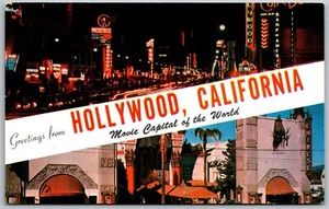 Vintage Hollywood Kalifornien Kalifornien Dualview Banner Gruß Film Hauptstadtansicht Postkarte - Bild 1 von 2