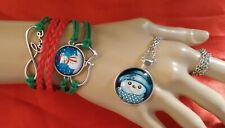 CHRISTMAS Wristband Pendant Snowman Merry Xmas PU Leather Glass Silver 2 PC SET⛄