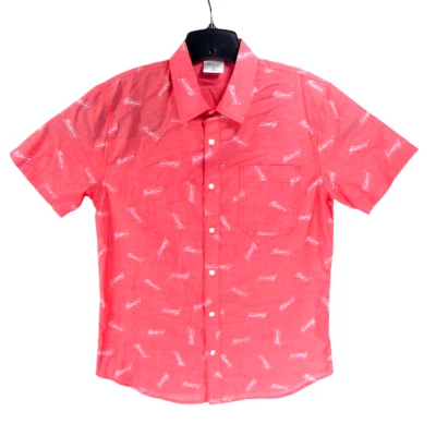 New Budweiser Men's Red S Bud Light Beer All Over Graphic Print Button Up Shirt - Image 1 of 4