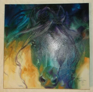 MARIA BALDWIN HORSE ART PAINTING 2011 BLUE PURPLE GREEN WHITE USED 15 x 15 INCH - Picture 1 of 7