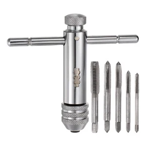 M3-M8 Short T-Handle Ratchet Tap Wrench + 5pcs M3 M4 M5 M6 M8 Metric Thread Taps - Picture 1 of 7