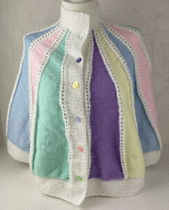 Handmade Knitted Button Up Poncho Shawl Bed Jacket Coat Pastel Rainbow M507
