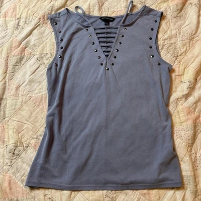 rock & republic muted blue metal stud ladder v neck tank top size medium - Image 1 of 4