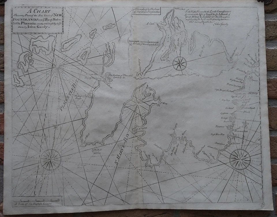 Антикварная печать-МОРСКАЯ КАРТА-НЬЮФАУНДЛЕНД-ПЛАЦЕНТИЯ-ТРЕПАССИ-крепление и страница-1750 - Изображение 1 из 2