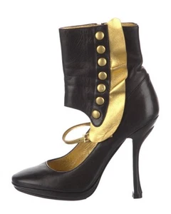 Prada Authentic Vintage RARE Black Gold Leather Ankle Heels Pumps 7 - Picture 1 of 9