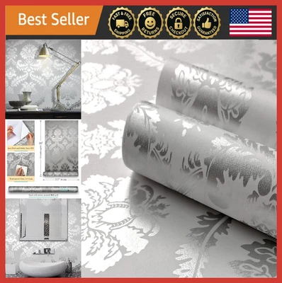 Papel tapiz plateado damasco pelar y pegar 17,7"x32,8 pies película decorativa de vinilo extraíble Foto 1 de 4
