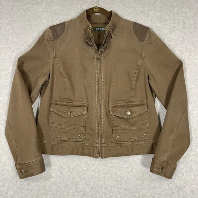 Lauren Ralph Lauren Jacket Womens 14 Brown Denim Leather Patch Moto Military Zip - Image 1 of 4