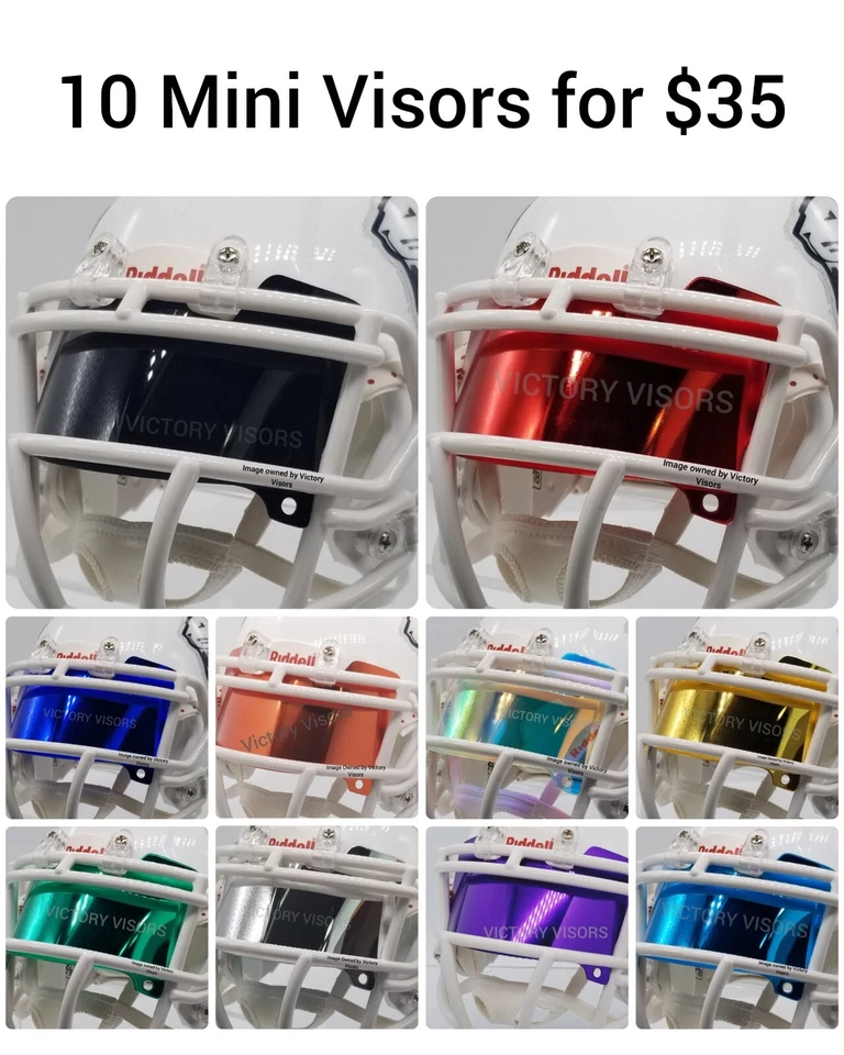 Pacote com 10 mini viseiras de capacete de futebol. Pacote de variedades a granel acessível *(ESTILO PLANO)* - Imagem 1 de 1