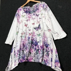 Top stile gatto stampa floreale farfalla manica lunga bianco viola 3XL - Foto 1 di 6