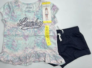 Girls Size 5 Lucky Brand 2-Piece Short Set T-Shirt Summer Outfit Purple Tie Dye - Picture 1 of 5