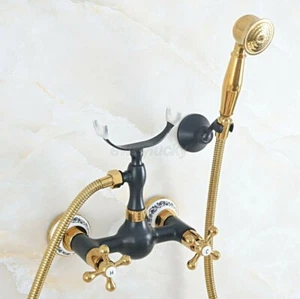 Black Gold Brass Bathroom Shower Handheld Shower Faucet Set Wall Mount Mixer Tap - Picture 1 of 10