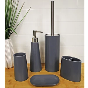 5 Piece Grey Bathroom Accessories Soap Dish Dispenser Toothbrush Toilet Brush - Picture 1 of 14