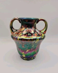 Fenton Dave Fetty Art Glass Mosaic 2005 2 Handle Iridescent Vase #181 Signed - Picture 1 of 15