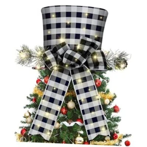Christmas Tree Topper Hat Buffalo Plaid Black and White Plaid Bow and Hat - Picture 1 of 2