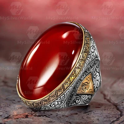 925 Sterling Silver Agate Stone Turkish Handmade Huge Men's Ring - Image 1 of 4