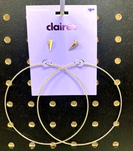 Claire’s Girls 2 Pairs of Gold Colored Earrings Stud Triangles & Large Hoops - Picture 1 of 2