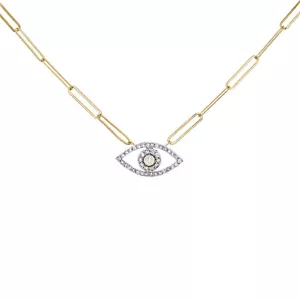 10K Yellow Gold Diamond Evil Eye Charm Paper Clip 18" Cable Necklace 1/4 CT. - Picture 1 of 6