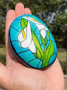 Handbemalter Felsen Ostern Calla Lilie religiöse Kunst Glasmalerei Blume Herr Gott - Bild 1 von 3