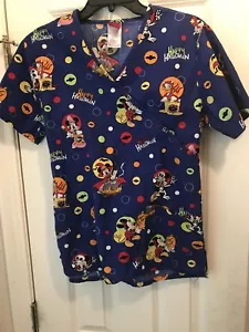 Disney Happy Halloween Scrub Small Mickey Mouse Minnie Mouse Donald Duck Nurse - Picture 1 of 3