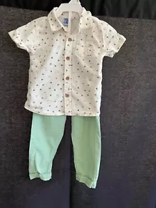 Set Boy Shirt White Button-Down Cotton Short Sleeves Pant Green (SET 2 ) 24M - Picture 1 of 4