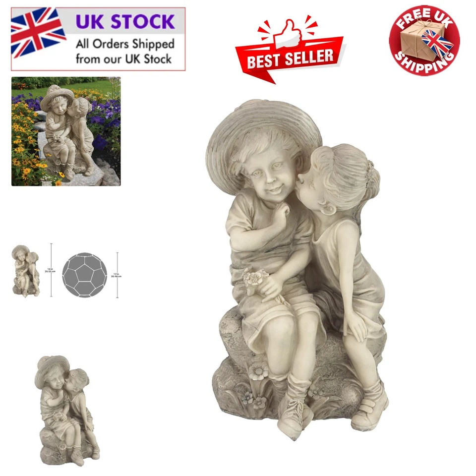 Encantadora Estatua Decoración Jardín Niños Besos, Acabado Antiguo Poliresina 35,5 cm Foto 1 de 4