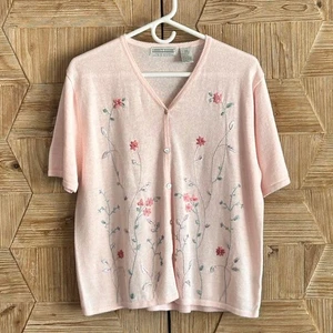 Carolyn Taylor Women's Pink Button Up Top Size L Floral Embroidered - Picture 1 of 6