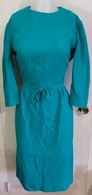 复古 60 年代 Betty Barclay 蓝绿色蝴蝶结腰摆动连衣裙 尺寸 M 多功能海报 — 第 1/4 张图片