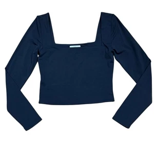 Camisa corta Babaton talla M Top contorno cuello cuadrado azul oscuro manga larga - Imagen 1 de 7