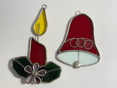 Lote de 2 vitrales navideños vintage campana y vela de acebo ventana atrapasol Foto 1 de 4