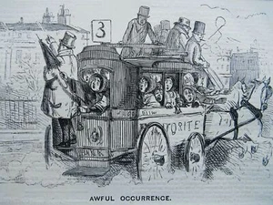 um 1850 OMNIBUSMANN! DIRIGENT! & SCHRECKLICHES VORKOMMEN Original antiker Druck - Bild 1 von 2