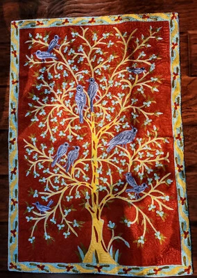 Tree of Life Blue Birds Handmade Embroidered Tapestry Wool India - Image 1 of 3