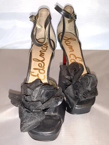 Sam Edelman Metallic Gunmetal Gray Leather Heels with Silk flowers- Size 7.5M - Picture 1 of 5