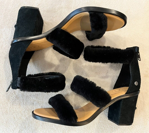 Sandali UGG donna NUOVI CON Del Rey Fluff neri cinturino alla caviglia pelle di pecora misura 7