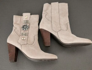 NICOLE Abstract Khaki Mid-Calf Boots Suede Embellished Women's sz 6.5M (S3) - Picture 1 of 9