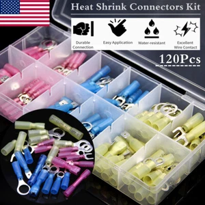 120x Heat Shrink Wire Connectors Electrical Ring Fork Spade Crimp Terminals Kit - Picture 1 of 16