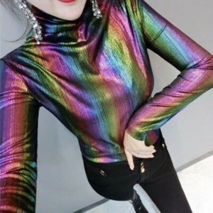 Women Shiny Top High Neck Shirt Colorful Pullover Undershirt Slim Fit Party - Picture 1 of 17