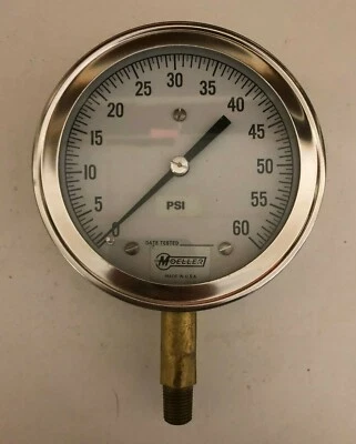 Moeller Gauge 4-1/2" 0-60 PSI bottom mount 1/4" NPT - 2 gauges - Image 1 of 3